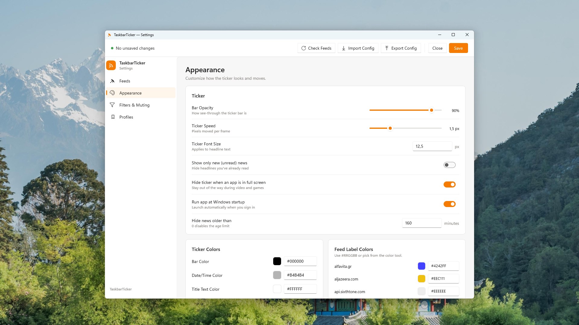 Taskbar Ticker appearance settings for opacity, speed, font size and colors