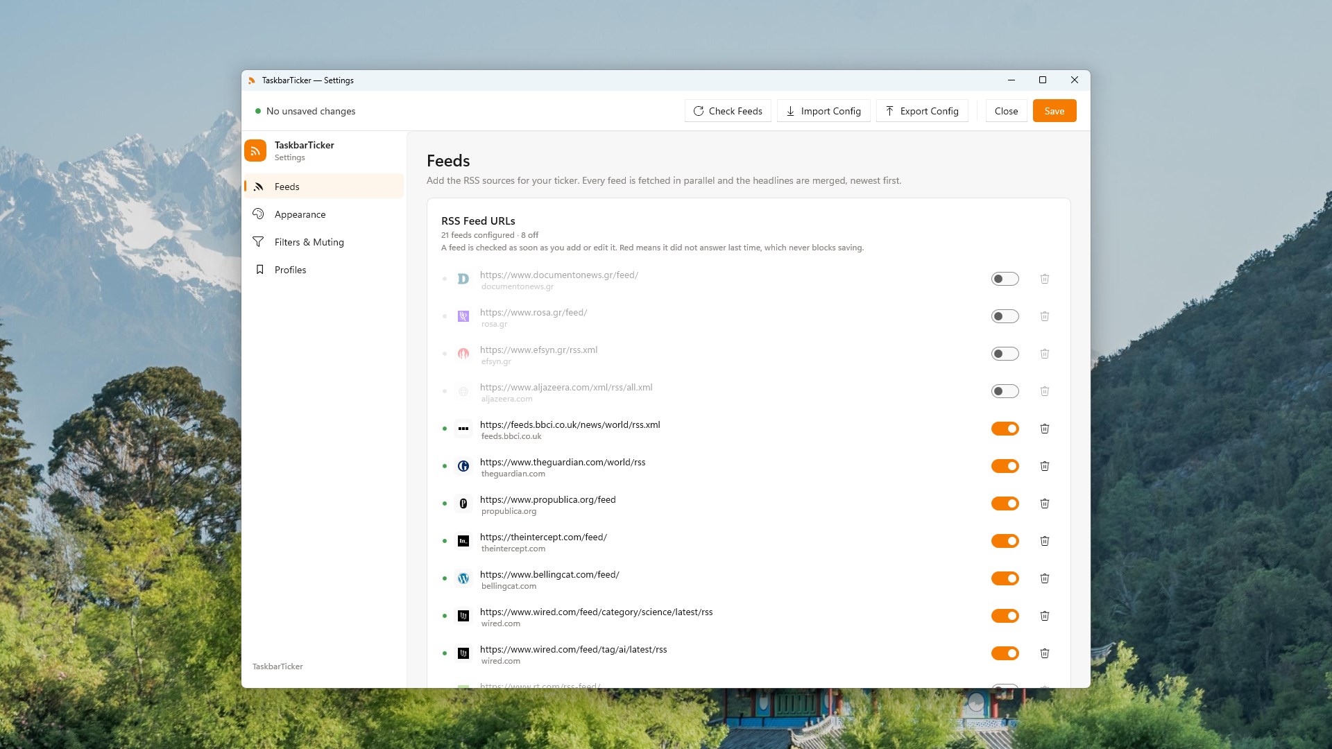 Taskbar Ticker feed management screen with source status indicators and on-off controls